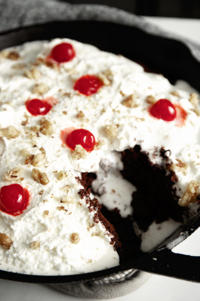 Decadent Black Forest Brownies in cast iron