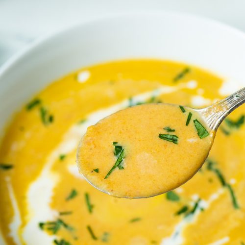 spoonful of dutch oven carrot ginger soup
