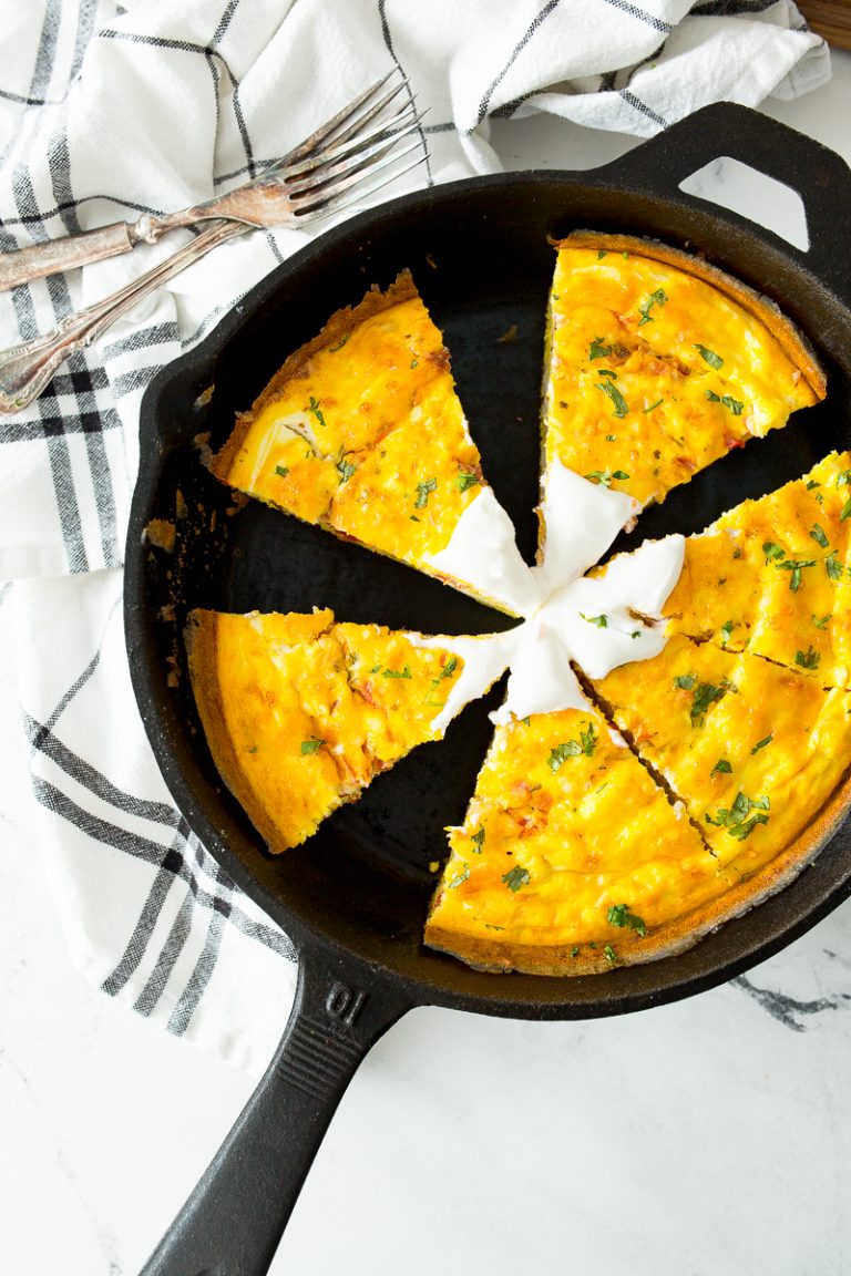 slices of Mexican frittata in cast iron skillet