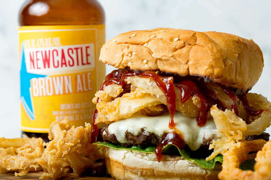 picture of beer battered onion ring burger