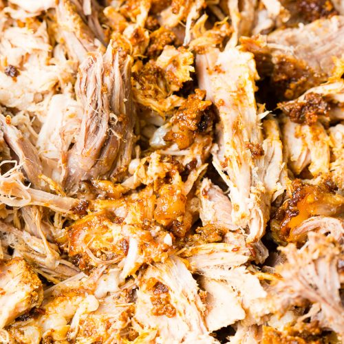 close up of the seasoned and cooked shredded pork