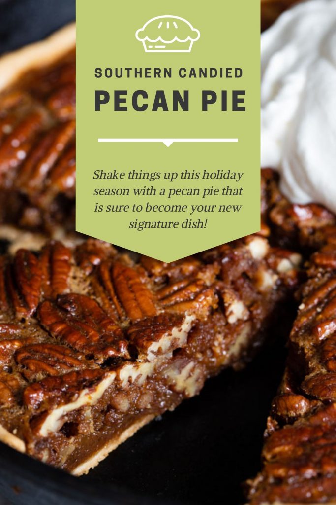 A pin image of pecan pie, close up with a text overlay about pecan pie. 