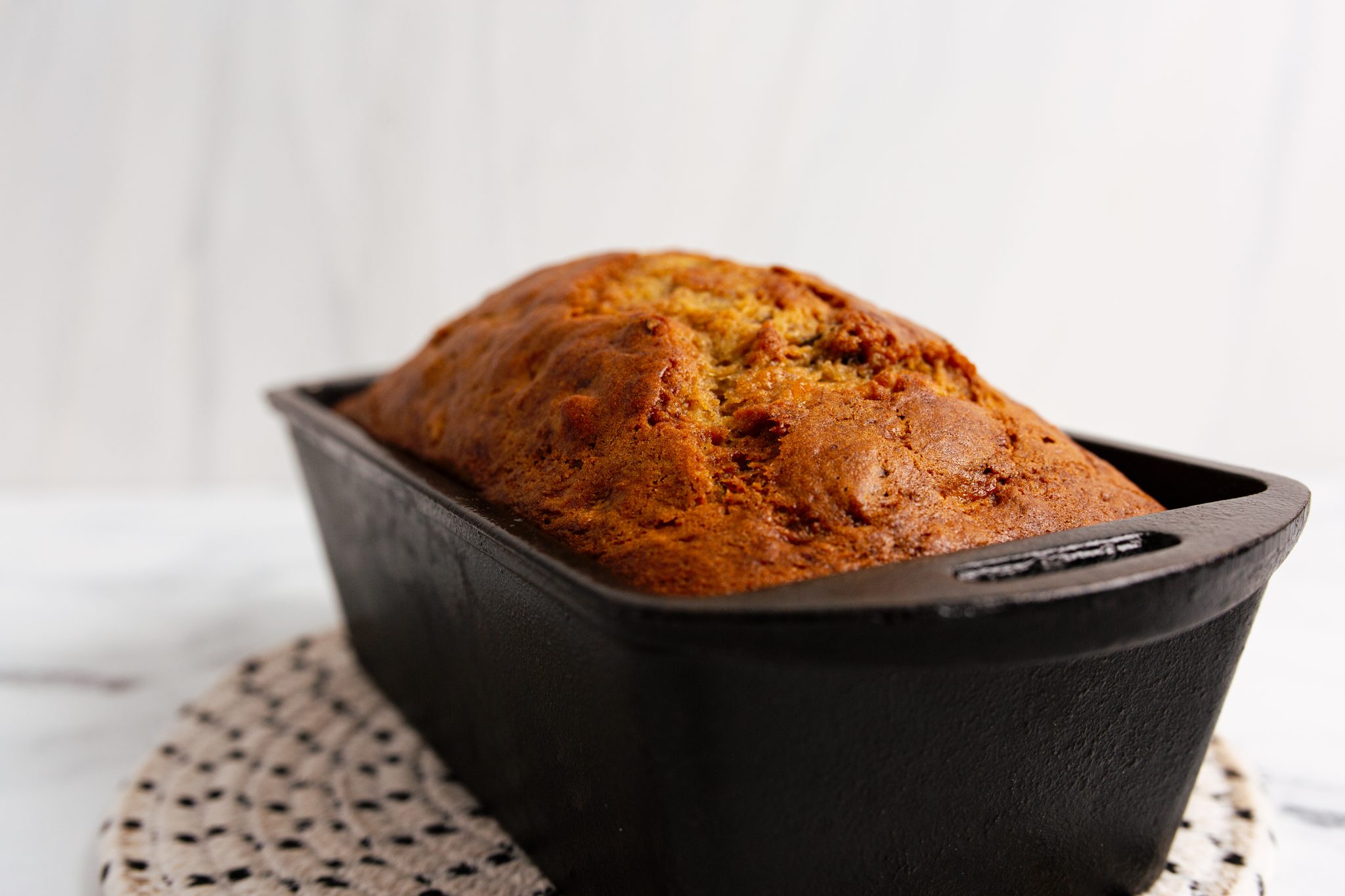 The best banana nut bread in a cast iron loaf pan.