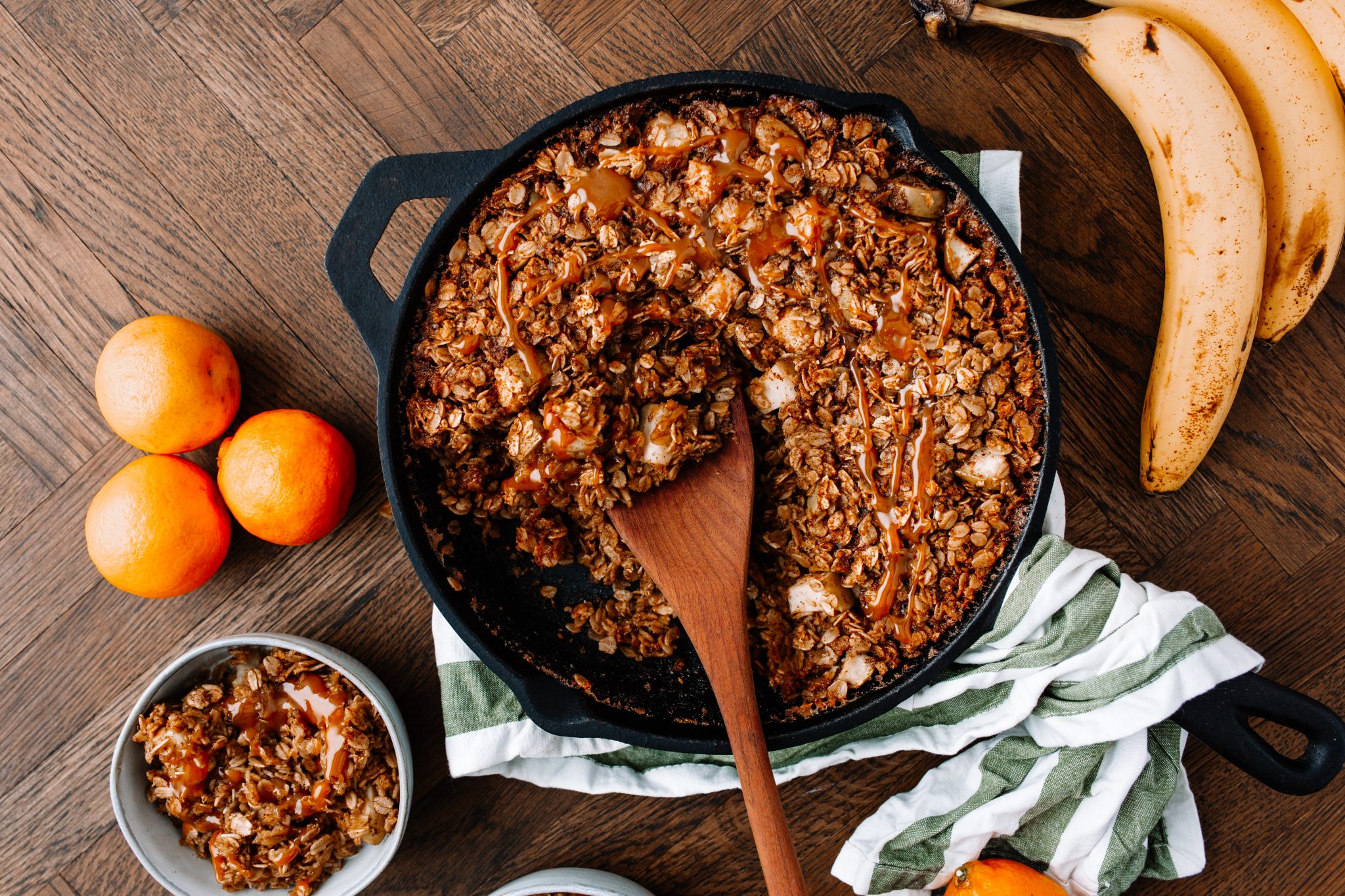 Apple Cinnamon Baked Oatmeal in a cast iron skillet
