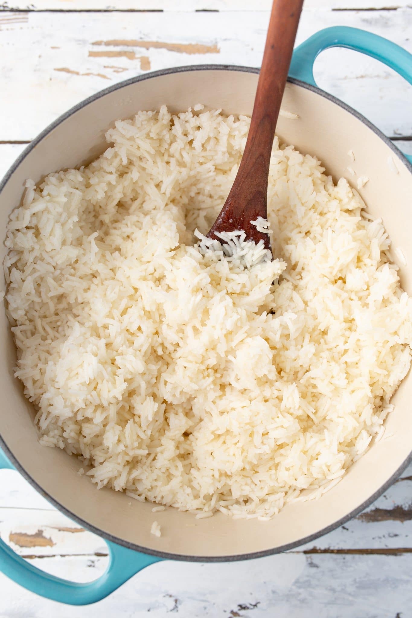 Overhead image of a dutch oven full of white rice. 