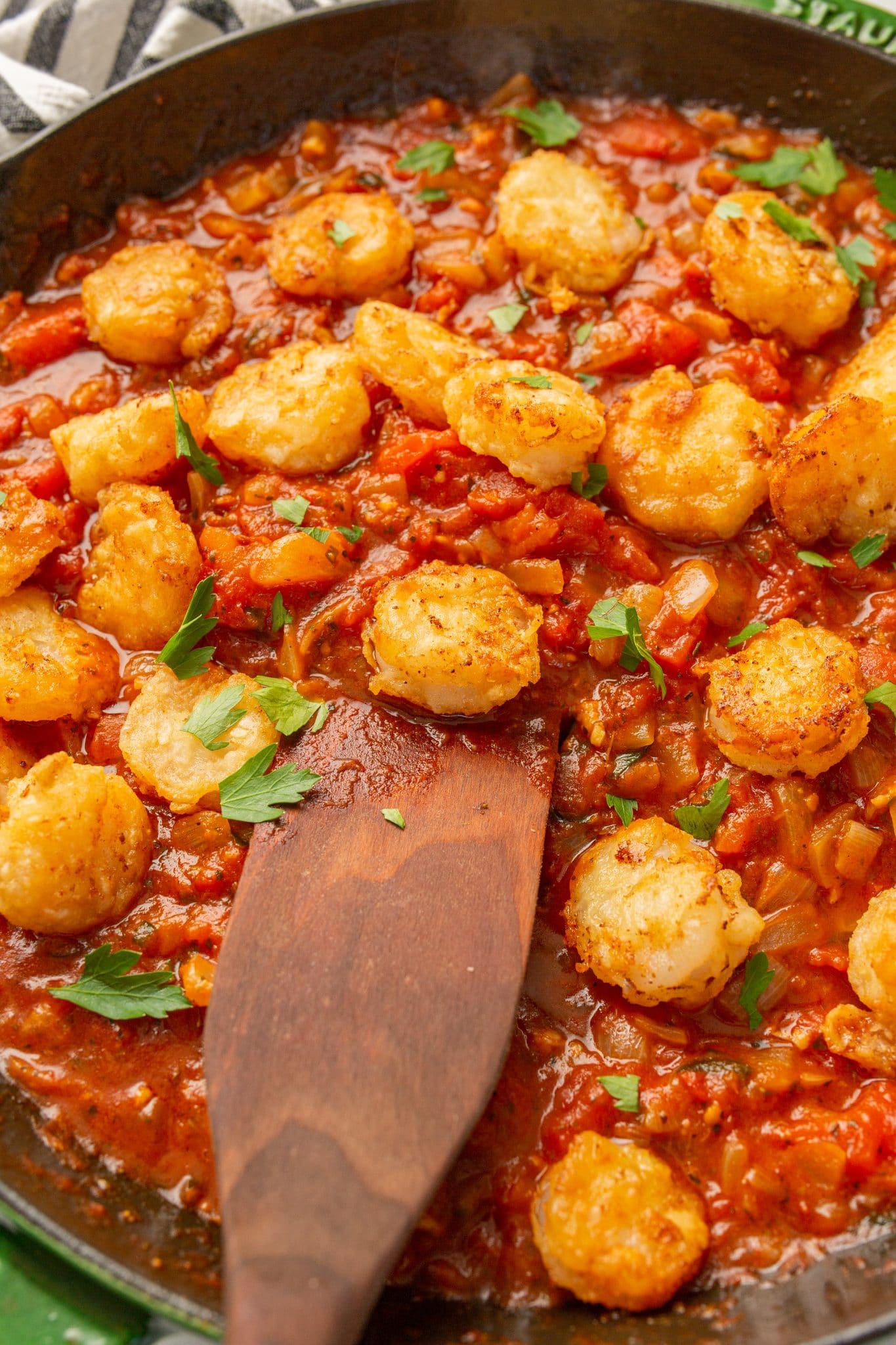 Shrimp Parmesan Marinara in a cast iron skillet