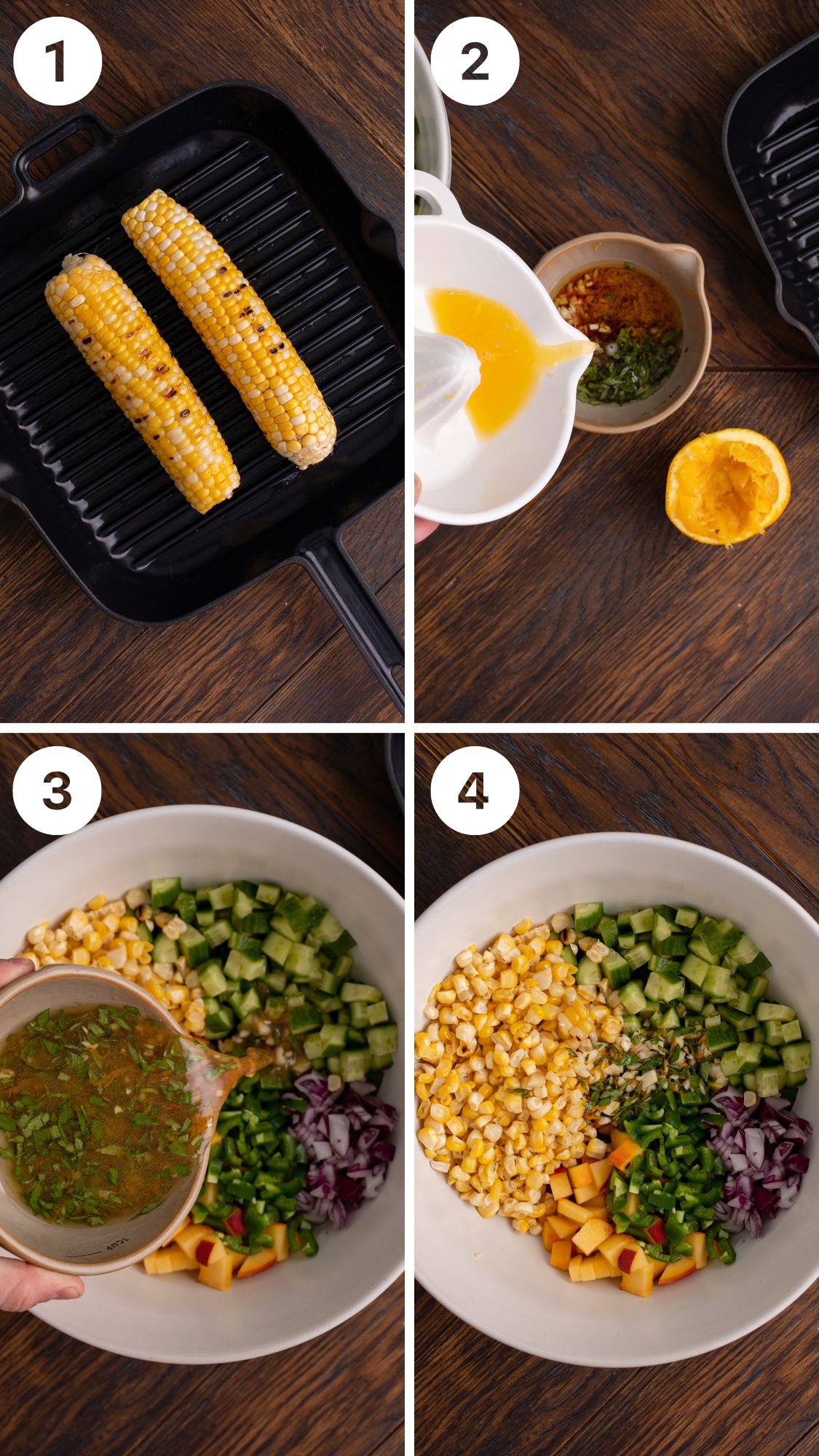 image collage of steps for how to make grilled corn and peach summer salad