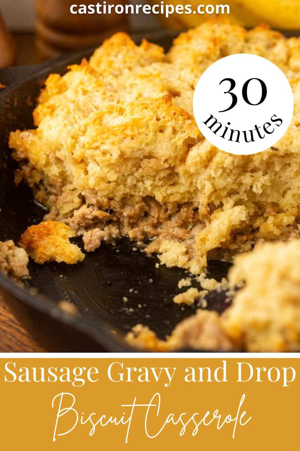 pin image of sausage gravy and biscuit casserole