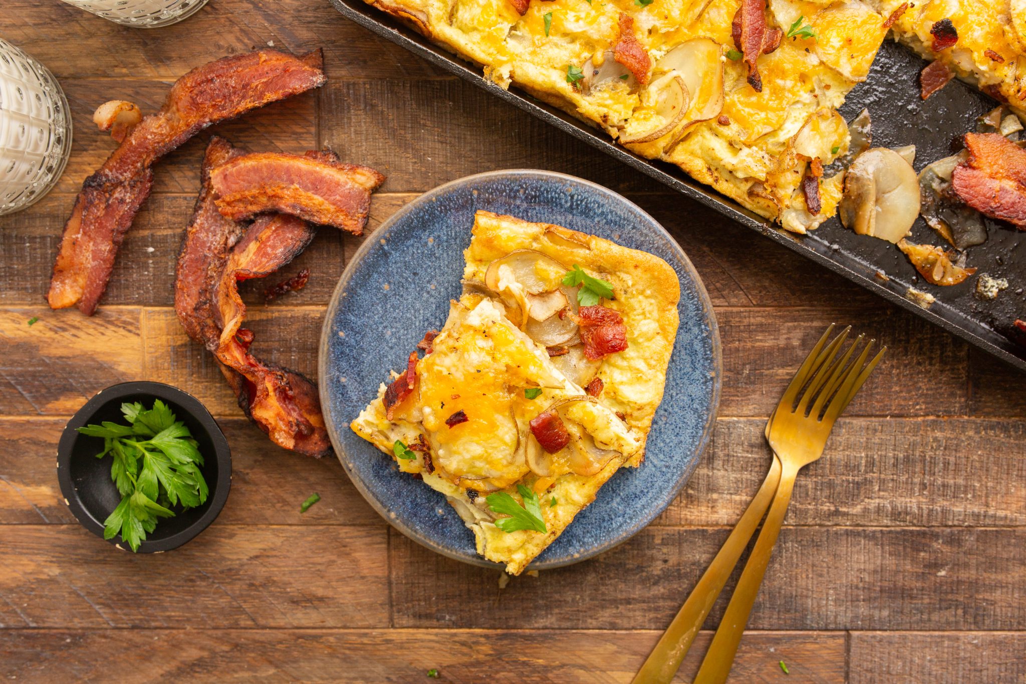 Overhead image of breakfast sheet pan casserole for the holidays