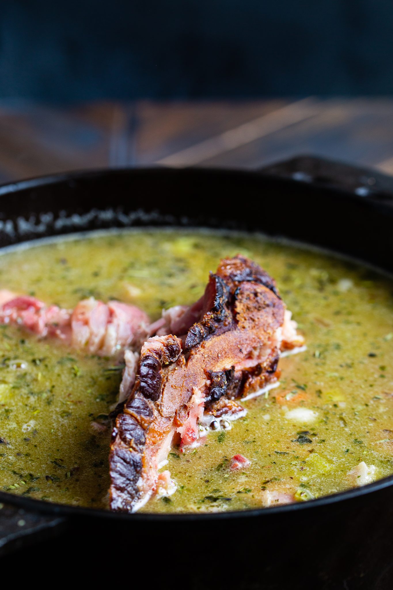 Ham Bone in a dutch oven of split pea soup