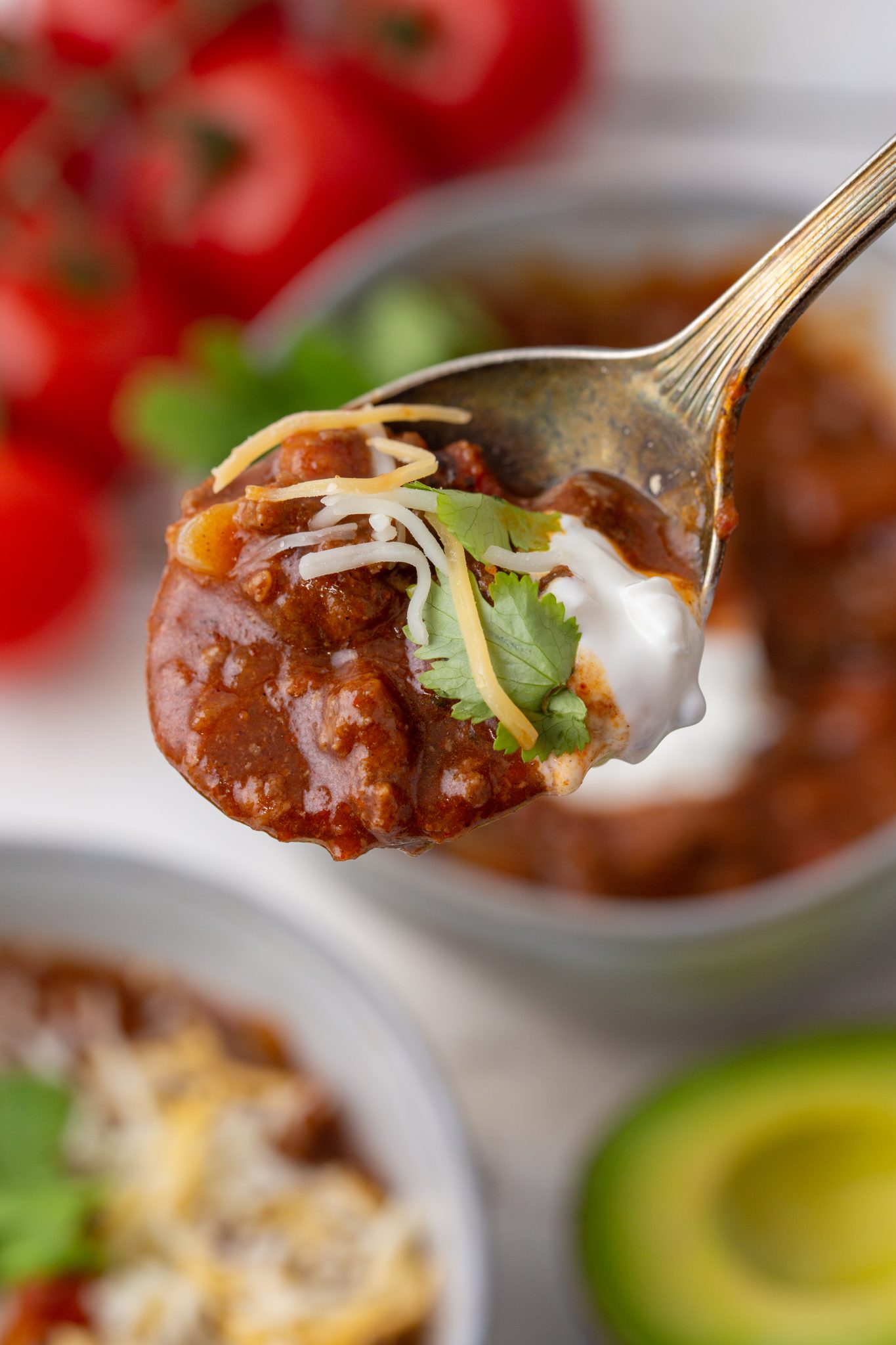 close up spoonful of easy dutch oven chili with beans