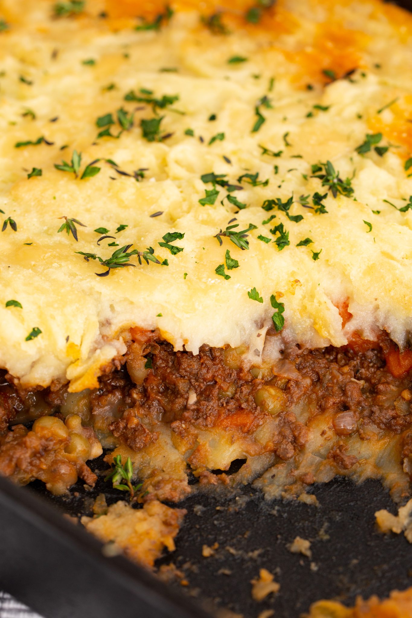 close up of cottage pie layers