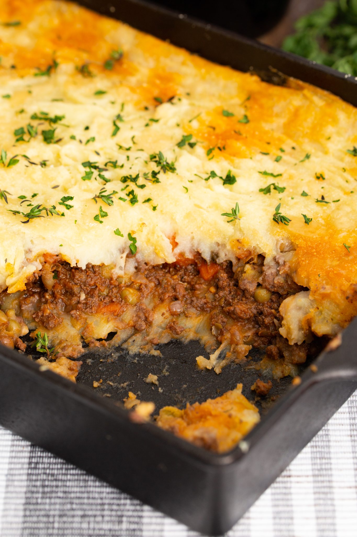 Authentic Cottage Pie for St Patricks Day in a cast iron casserole dish