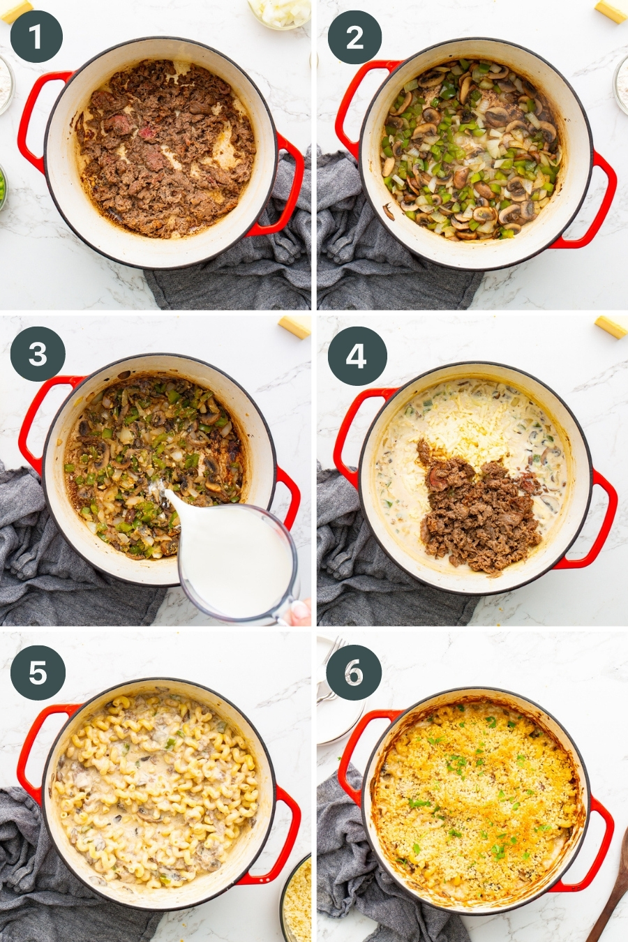 how to make philly cheesesteak mac and cheese in a dutch oven collage