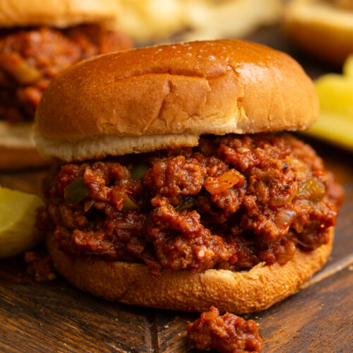 close up image of sloppy joes on a burger bun